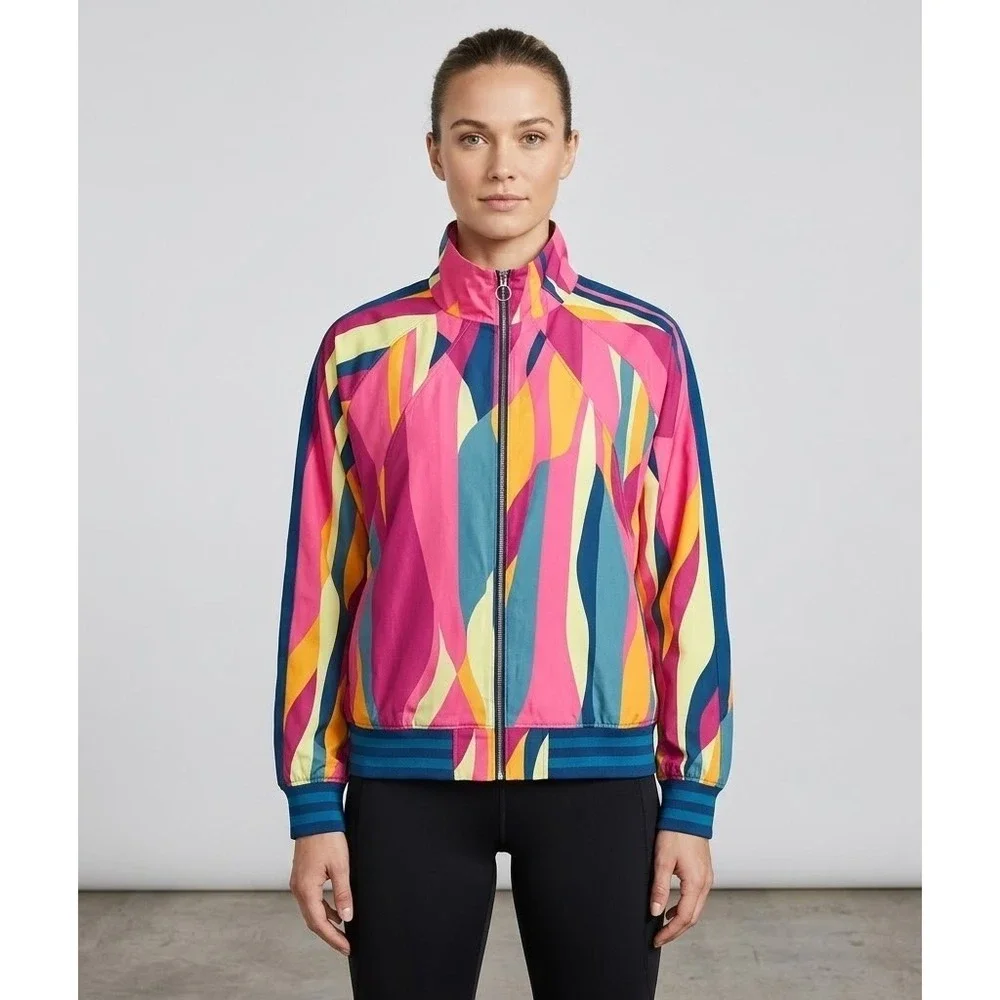 Tek Gear Womens 3X Track Jacket Pink Blue Abstract Geometric Full Zip Mock Neck - Picture 1 of 9